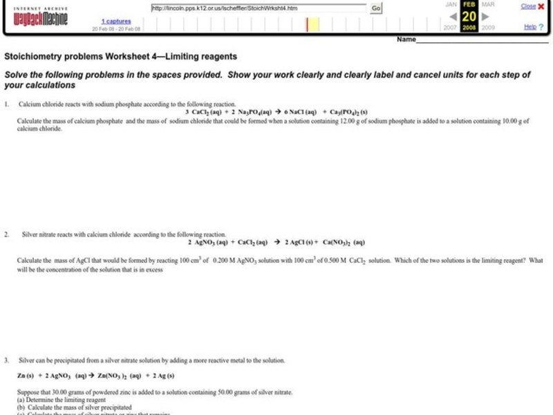 Stoichiometry Problems - Limiting Reagents Worksheet