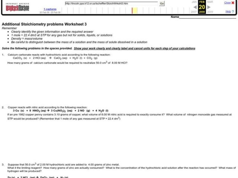 Stoichiometry Problems Worksheet