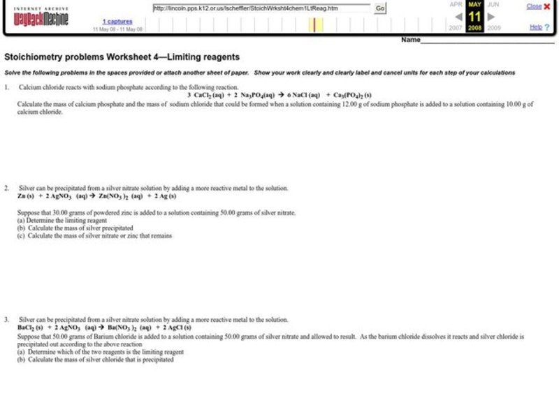 Stoichiometry Problems - Limiting Reagents Worksheet