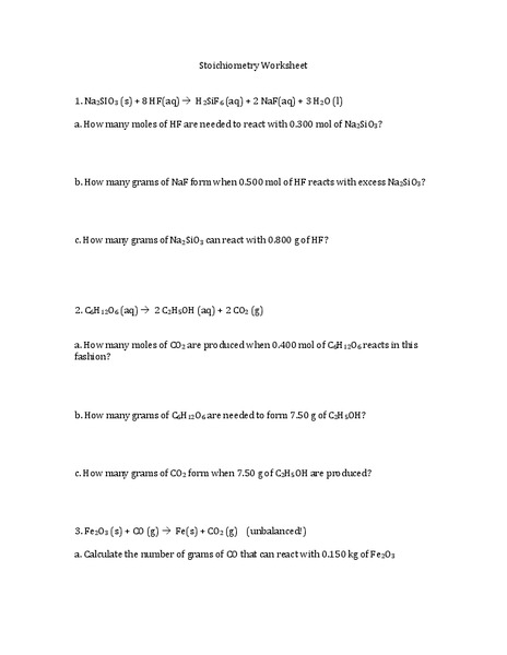 Stoichiometry Worksheet Worksheet