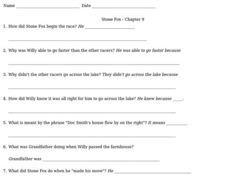 Stone Fox Chapter 9 Worksheet