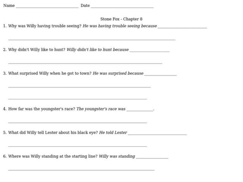 Stone Fox Chapter 8 Worksheet