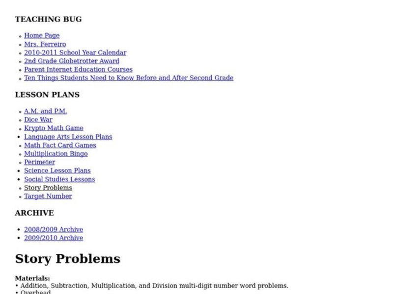 Story Problems Lesson Plan