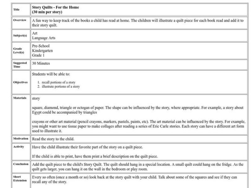 Story Quilts Lesson Plan