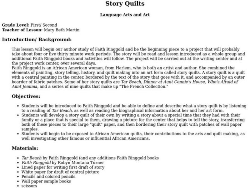 Story Quilts Lesson Plan