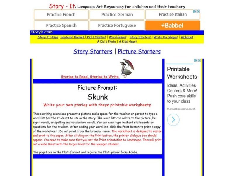 Story Starters: Skunk Worksheet