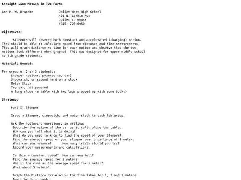 Straight Line Motion in Two Parts Lesson Plan