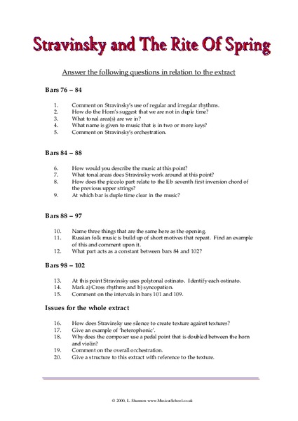 Stravinsky and the Rite of Spring Worksheet