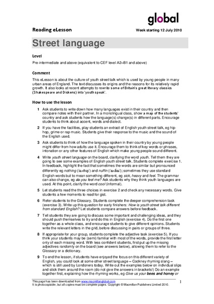 Street Language Lesson Plan