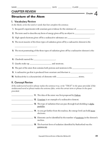 Structure of the Atom Worksheet