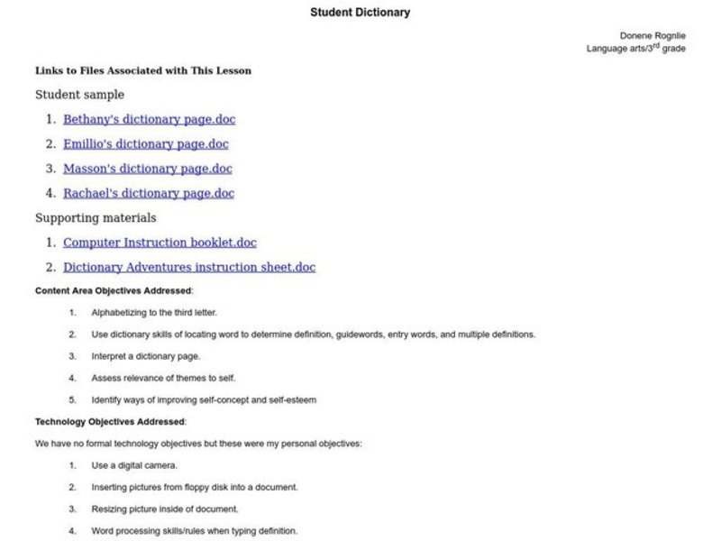 Student Dictionary Lesson Plan