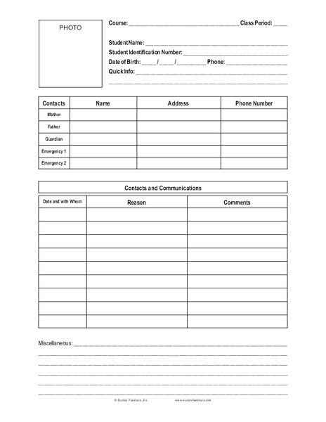 Student Information Sheet Printables