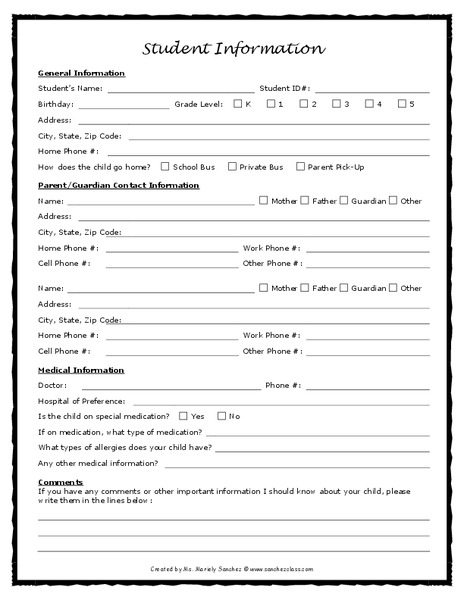 Student Information Sheet Printables