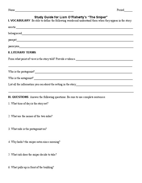 Study Guide for Liam O'Flaherty's "The Sniper" Worksheet