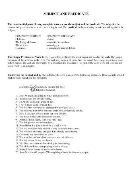 Subject and Predicate  Worksheet