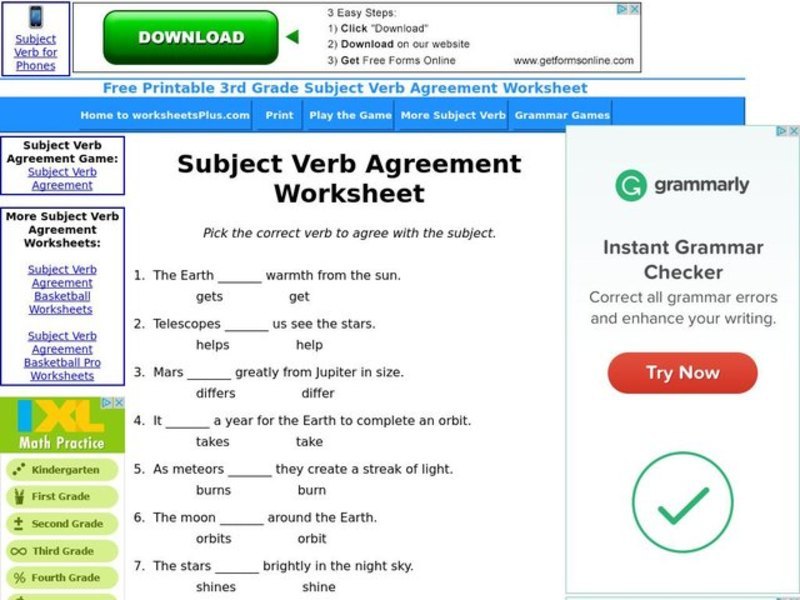 Subject and Verb Agreement  Worksheet
