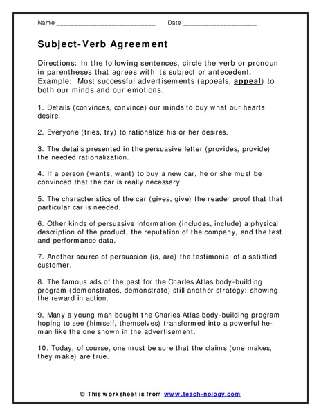 Subject-Verb Agreement Worksheet