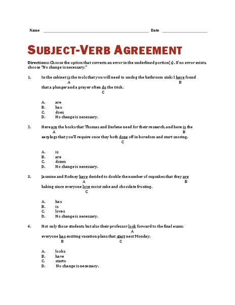 Subject-Verb Agreement Worksheet
