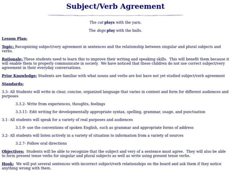 Subject/Verb Agreement Lesson Plan