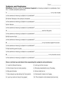 Subjects and Predicates Worksheet