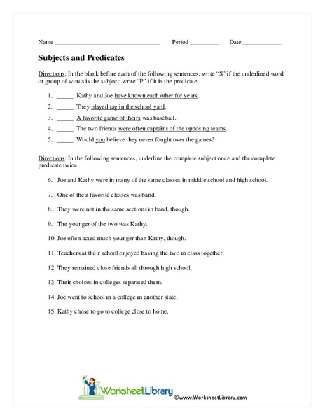 Subjects and Predicates Worksheet