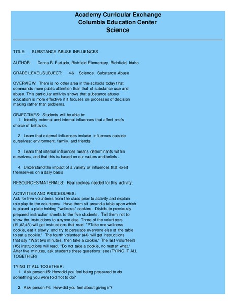 Substance Abuse Influences Lesson Plan