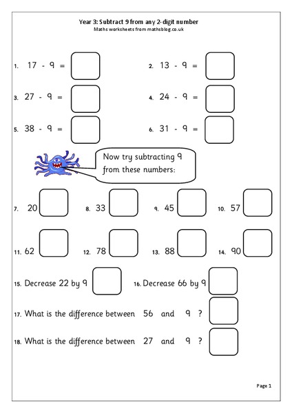Subtract 9 From Any 2-digit Number Worksheet