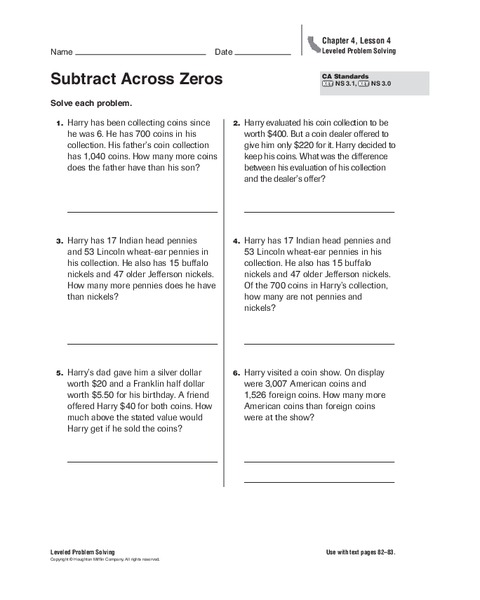 Subtract Across Zeros Worksheet