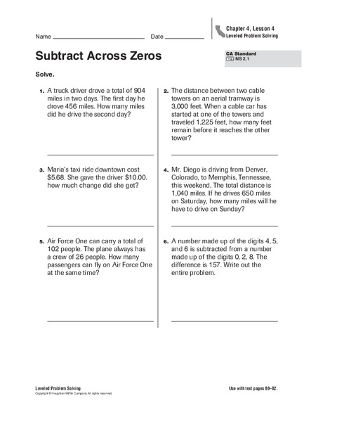 Subtract Across Zeros Worksheet