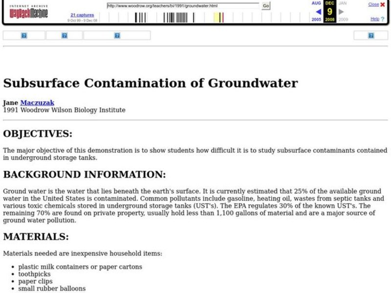 Subsurface Contamination of Groundwater Lesson Plan