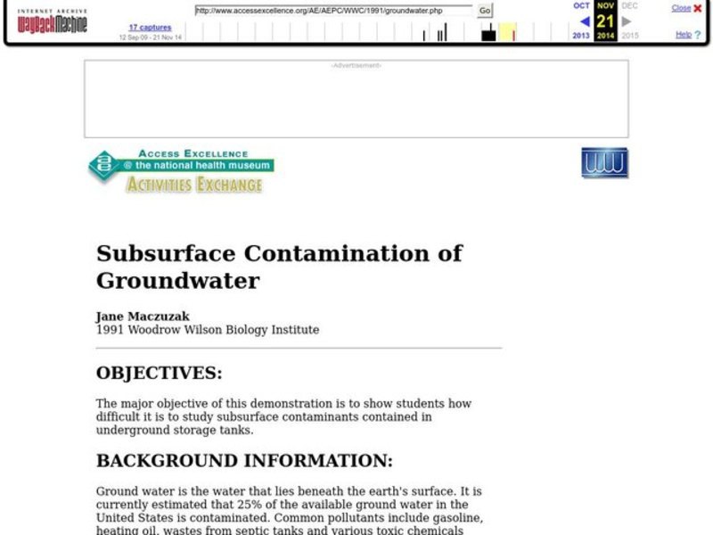 Subsurface Contamination of Groundwater Lesson Plan