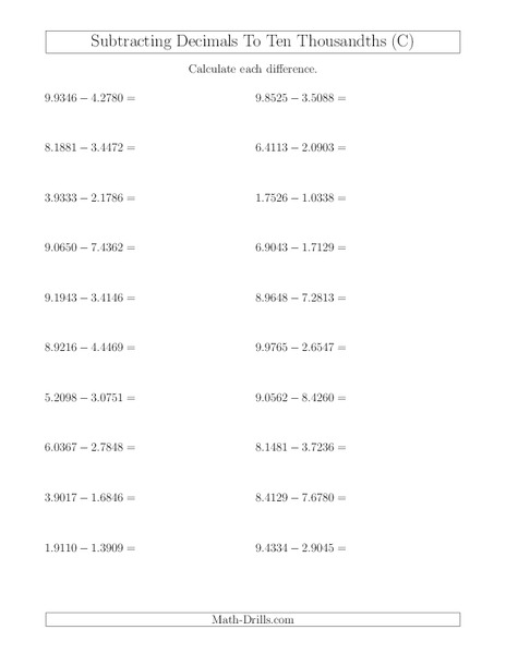 Subtract Decimal Ten Thousandths Worksheet