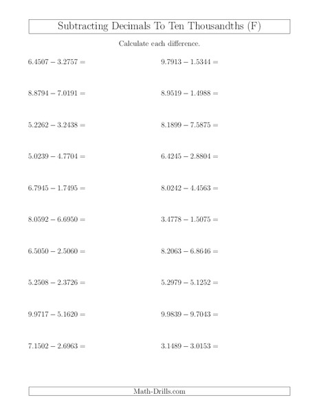 Subtract Decimal Ten Thousandths Worksheet