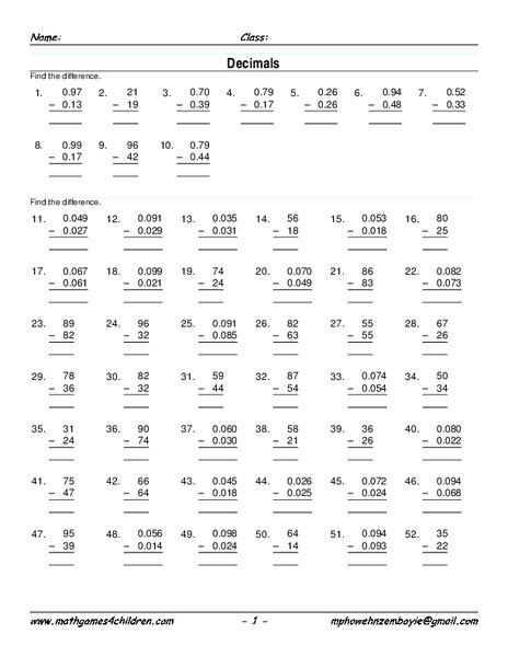 Subtract Decimals Worksheet