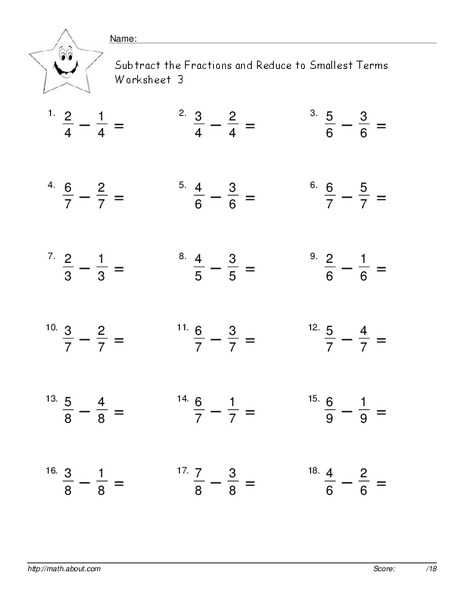 Subtract Fractions Worksheet