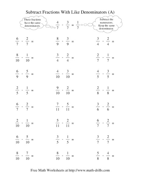 Subtract Fractions With Like Denominators (A) Worksheet