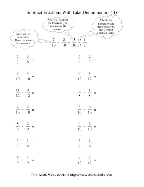 Subtract Fractions with Like Denominators (B) Worksheet