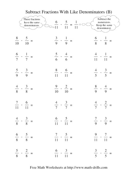 Subtract Fractions with Like Denominators (B) Worksheet