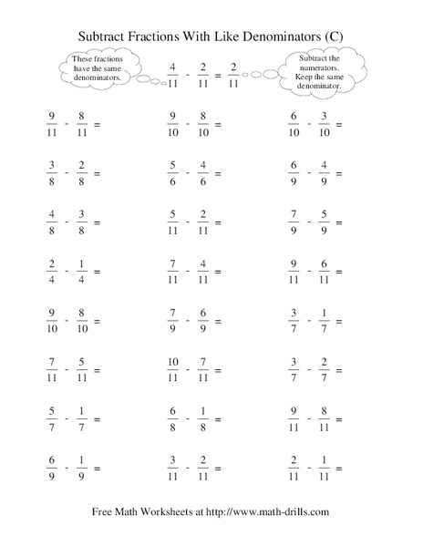 Subtract Fractions With Like Denominators (C) Worksheet