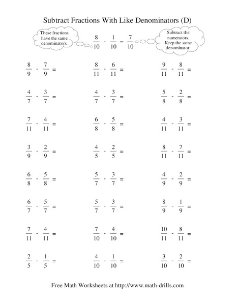 Subtract Fractions With Like Denominators (D) Worksheet