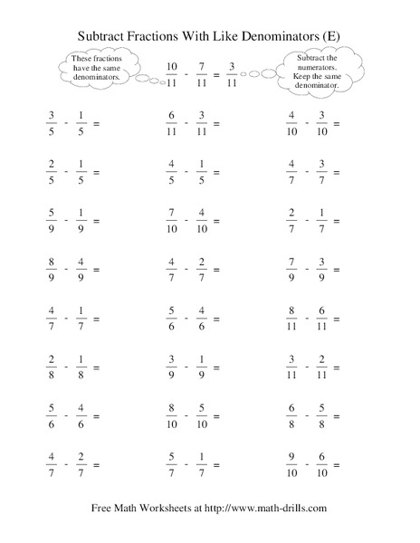 Subtract Fractions With Like Denominators (E) Worksheet