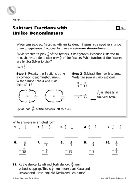 Subtract Fractions with Unlike Denominators Worksheet