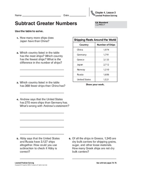 Subtract Greater Numbers Worksheet