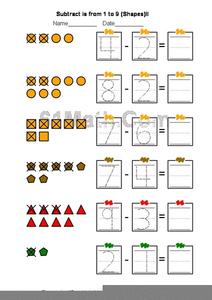 Subtract is from 1 to 9 (Shapes) Worksheet