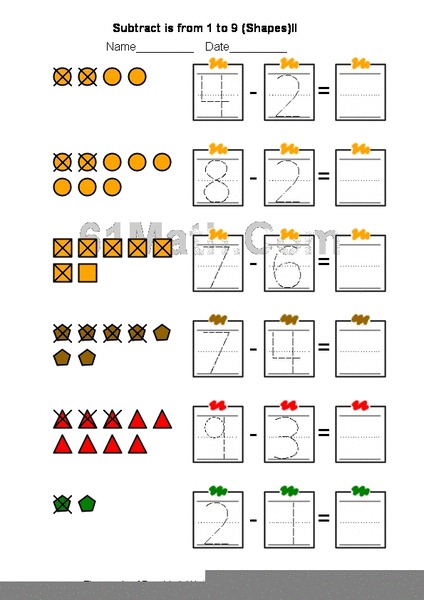 Subtract is from 1 to 9 (Shapes) Worksheet