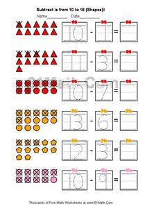 Subtract is from 10 to 18 Shapes Worksheet