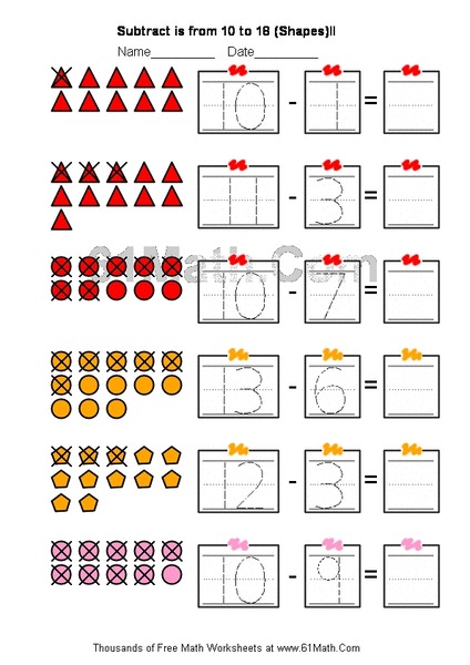 Subtract is from 10 to 18 Shapes Worksheet