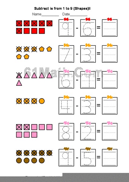Subtract is from 1 to 9 (Shapes) Worksheet