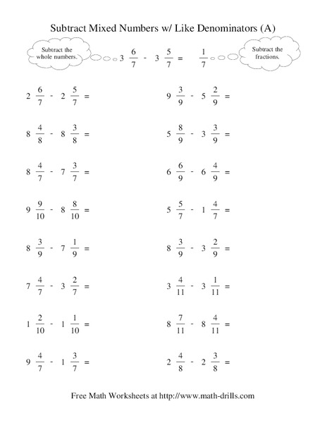 Subtract Mixed Numbers with Like Denominators (A) Worksheet
