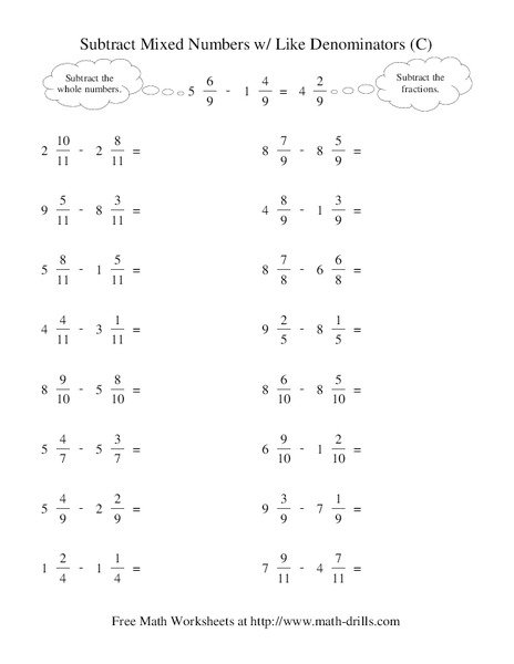 Subtract Mixed Numbers With Like Denominators (C) Worksheet